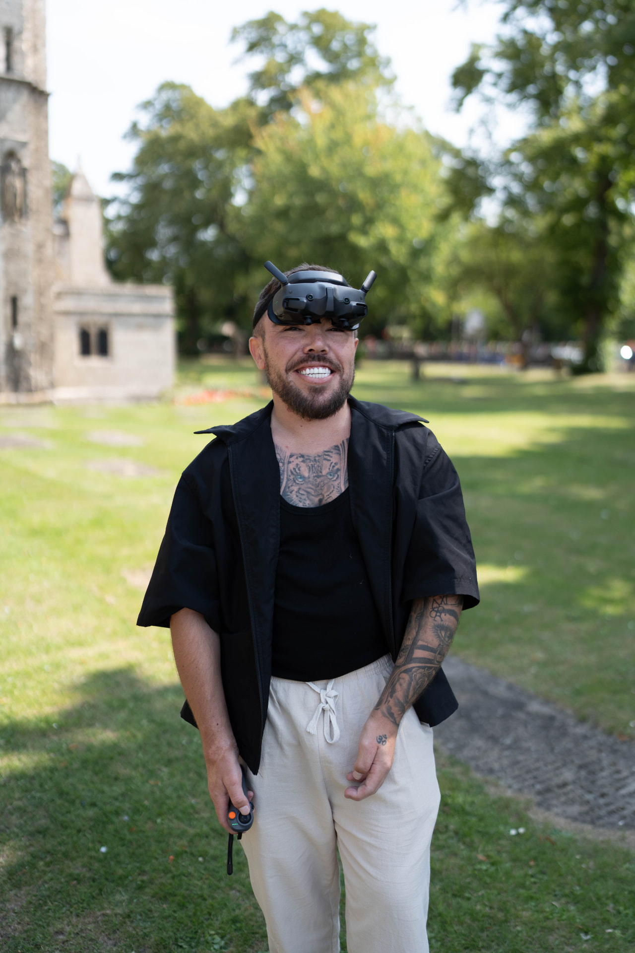Jake, founder of Banger Edits, filming with FPV drone goggles